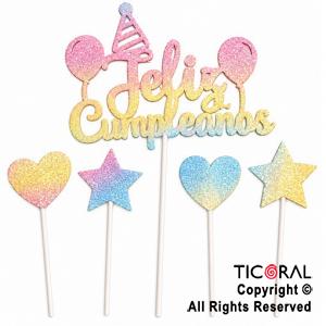 CAKE TOPPER FELIZ CUMPLEA�OS CON ESTRELLAS Y CORAZONES GIBRE MULTICOLOR